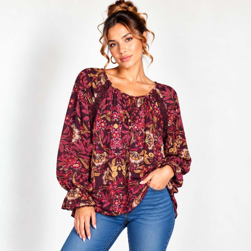 Susan Graver Liquid Knit Blouse Women's Size XL Burgundy Floral Gold Shimmer
